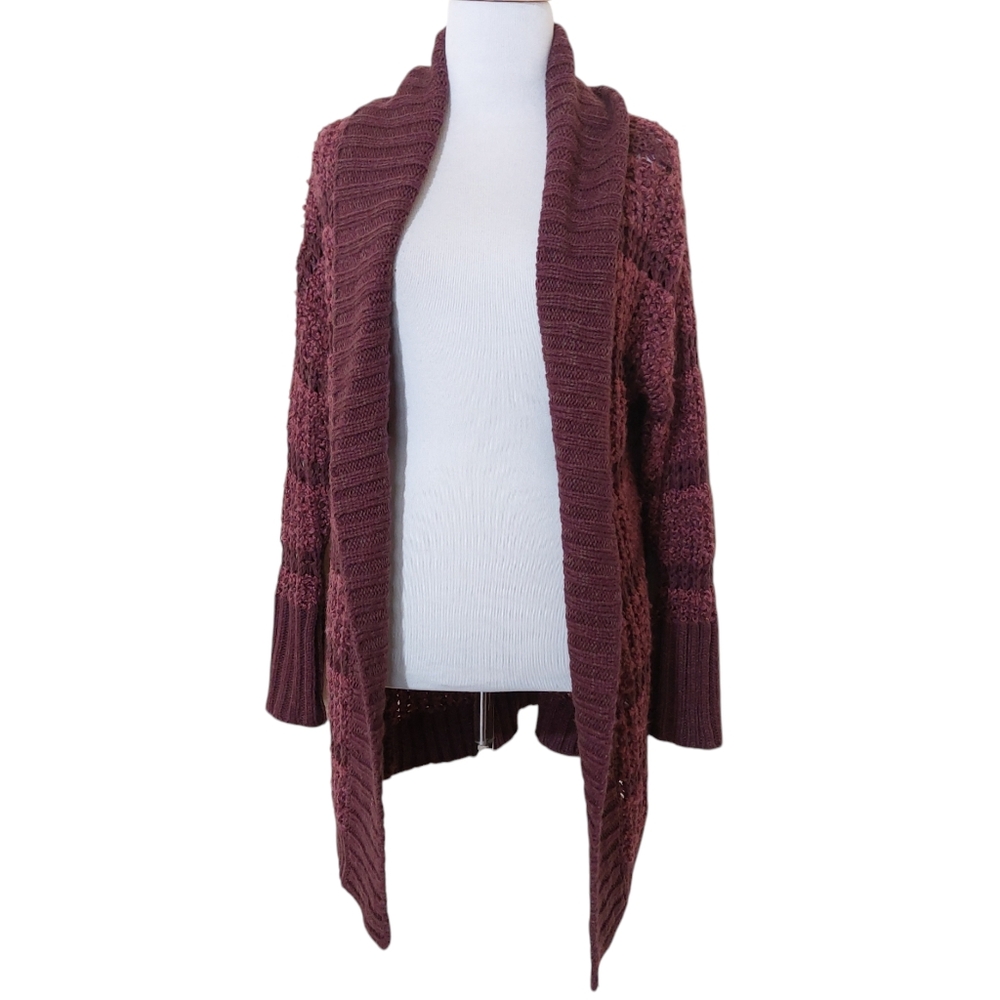 Susina Burgundy Striped Thick Knit Open Front Longline Cardigan Sweater Small